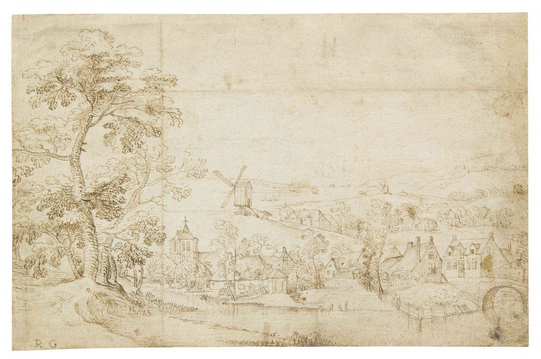 Jacob Grimmer, (Flemish, 1525-1590), Village by River w: Jacob Grimmer (Flemish, 1525-1590) Village by River with Bridge and Two Windows, A study with differences for the print by Cornelis Visscher (H.G. Franz, Niederlandische Landschaftsmalerei, Graz, 1969