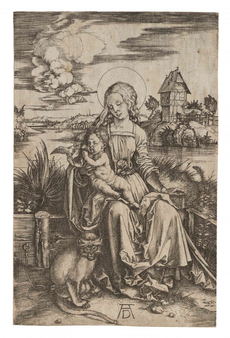 Albrecht Durer, (German, 1471-1528), The Virgin and Chi: Albrecht Durer (German, 1471-1528) The Virgin and Child with a Monkey engraving 7 1/2 x 4 3/4 inches. Ref: Bartsch, 42