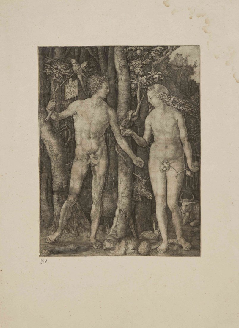Albrecht Durer, (German, 1471-1528), Adam and Eve: Albrecht Durer (German, 1471-1528) Adam and Eve engraving 9 3/4 x 7 3/4 inches. Ref: Bartsch, 1
