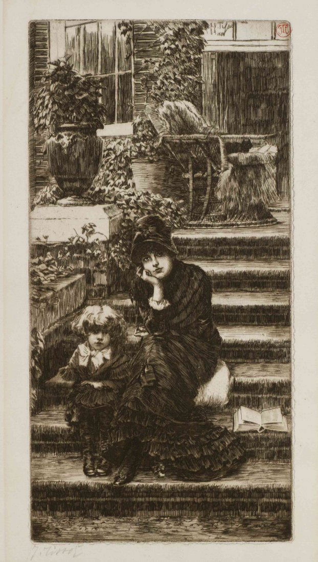 James Jacques Joseph Tissot, (French, 1836-1902), Rever: James Jacques Joseph Tissot (French, 1836-1902) Reverie etching signed J. Tissot and stamped (lower left) 9 x 4 1/2 inches. Ref: Wentworth, 52