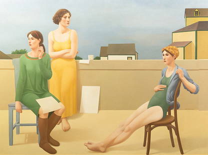 Alan Evan Feltus, (American, b. 1943), Figures on the T: Alan Evan Feltus (American, b. 1943) Figures on the Terrace, 1985 (acompanied by a study for the painting in pencil on paper) oil on canvas laid to board signed Alan Feltus and dated (lower rig