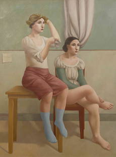 Alan Evan Feltus, (American, b. 1943), Two Women Blue S: Alan Evan Feltus (American, b. 1943) Two Women Blue Socks & Green Sleeves, 1981-82 oil on canvas laid to board signed Alan Feltus, titled and dated (stretcher) 48 x 36 inches. Propert