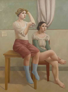 Alan Evan Feltus, (American, b. 1943), Two Women Blue S: Alan Evan Feltus (American, b. 1943) Two Women Blue Socks & Green Sleeves, 1981-82 oil on canvas laid to board signed Alan Feltus, titled and dated (stretcher) 48 x 36 inches. Property from the