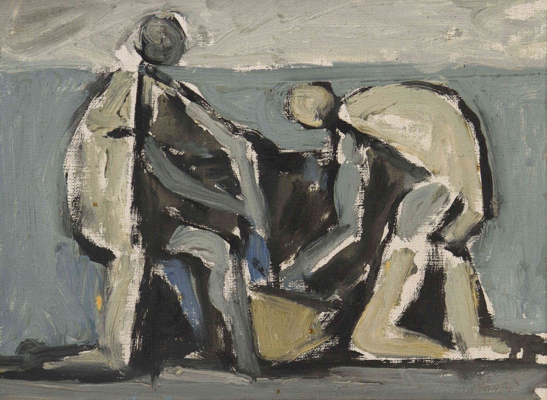 Duilio Barnabe, (Italian, 1914-1961), Deux Pecheurs, 19: Duilio Barnabe (Italian, 1914-1961) Deux Pecheurs, 1952 oil on board 8 x 10 3/4 inches. Exhibited: Chicago, Illinois, International Galleries, May-June, 1969
