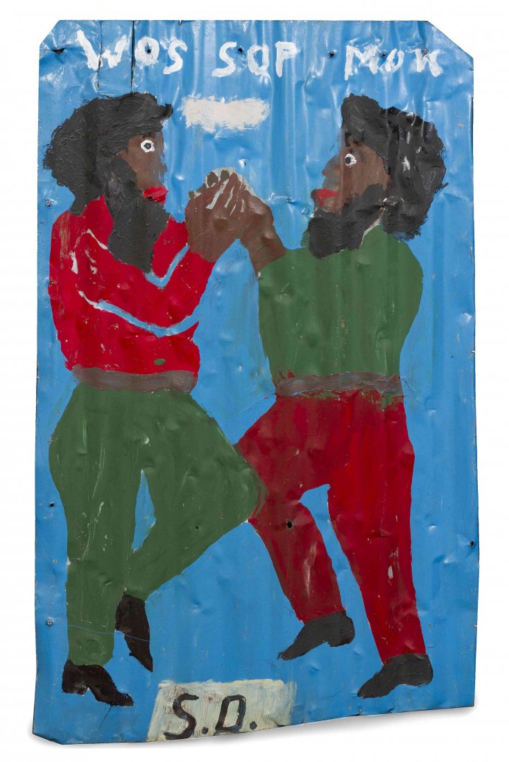 Sam Doyle, (American, 1906-1985), Wos Sup Mon, c. 1980: Sam Doyle (American, 1906-1985) Wos Sup Mon, c. 1980 paint on roofing tin initialed S.D. (lower left) 44 x 26 inches. Provenance: K.S. Art, New York, New York