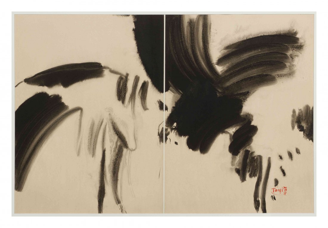 T'ang Haywen, (Chinese, 1927-1991), No. 6 (diptypch): T'ang Haywen (Chinese, 1927-1991) No. 6 (diptypch) ink on paper signed T'ang H (lower right) 27 1/2 x 39 inches. Property from The Anne and Jacques Baruch Collection, Chicago, Illinoi