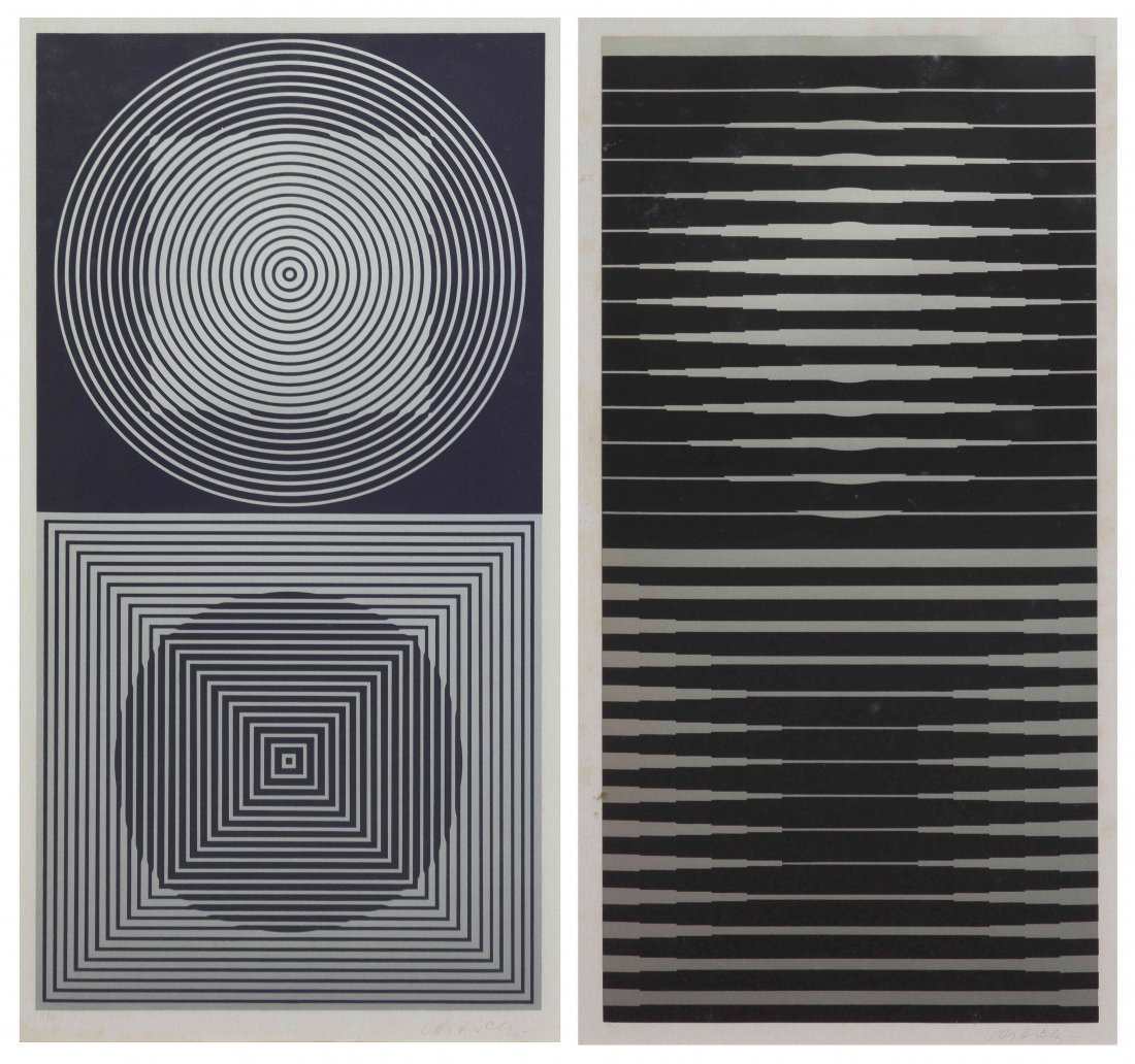 Victor Vasarely, (French/Hungarian, 1906-1997), Abstrac: Victor Vasarely (French/Hungarian, 1906-1997) Abstract Compositions (a pair of works) silkscreen signed Vasarely (lower right) 28 1/2 x 15 1/2 inches. Property from the Collection of