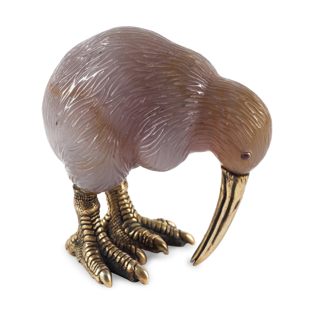 A Carved Agate, 14-Karat Gold and Cabochon Mounted Model of a Kiwi Bird: A Carved Agate, 14-Karat Gold and Cabochon Mounted Model of a Kiwi Bird 20th Century rubbed marks to underside of feet Height 2 inches. This lot is located in Chicago.