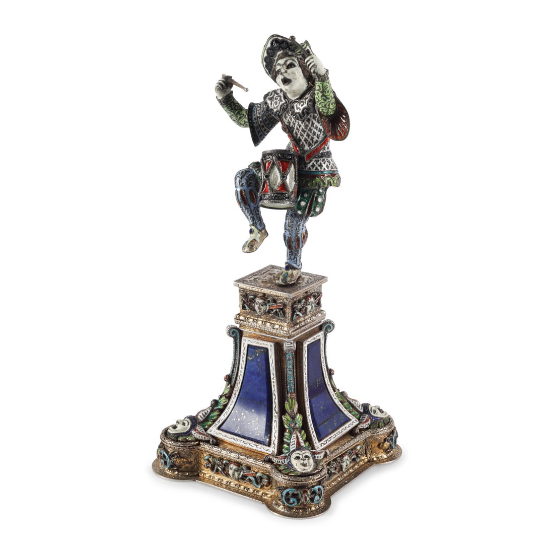 An Austrian Silver, Enamel and Hardstone Mounted Figure of a Drummer Clown: An Austrian Silver, Enamel and Hardstone Mounted Figure of a Drummer Clown Karl Rössler, Vienna, 19th/20th Century marked with 3rd standard dog's head for '800' silver on base rim 16 ozt 7 dwt gr