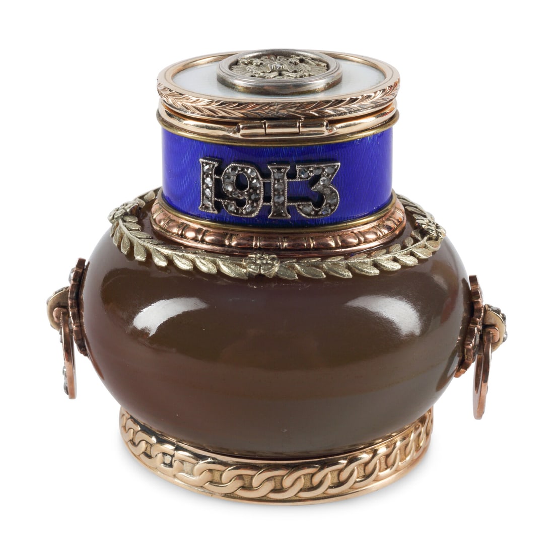 A 14-Karat Gold, Guilloché Enamel and Diamond Mounted Agate Jar (1 of 3)