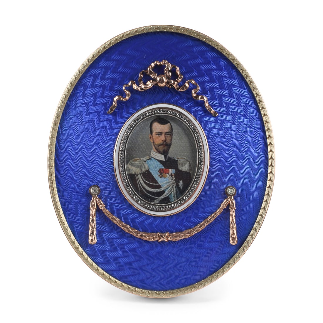 A 14 Karat Gold, Diamond and Guilloché Enamel Picture Frame: A 14 Karat Gold, Diamond and Guilloché Enamel Picture Frame 20th Century with rubbed marks to side of frame and stand Height 4 3/4 inches. This lot is located in Chicago.