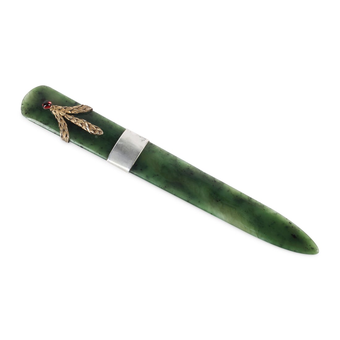 A Silver, Silver-Gilt and Hardstone Cabochon Mounted Nephrite Letter Opener: A Silver, Silver-Gilt and Hardstone Cabochon Mounted Nephrite Letter Opener 20th Century apparently unmarked Length 7 1/4 inches. This lot is located in Chicago.