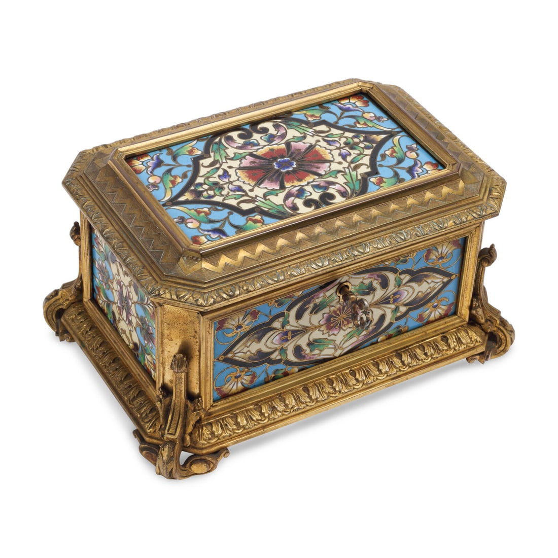 A French Gilt Bronze and Champlevé Enamel Box: A French Gilt Bronze and Champlevé Enamel Box 19th Century Height 4 x width 7 x depth 5 inches. This lot is located in Chicago.