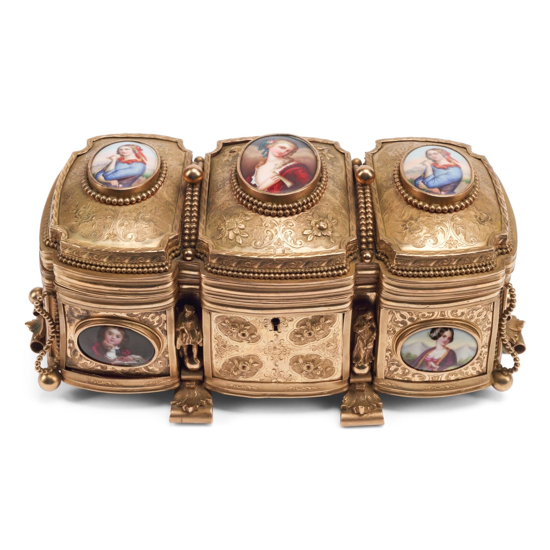 A French Gilt Bronze and Porcelain Portrait Plaque-Inset Box: A French Gilt Bronze and Porcelain Portrait Plaque-Inset Box 19th Century Height 6 x width 12 x depth 6 inches. This lot is located in Chicago.