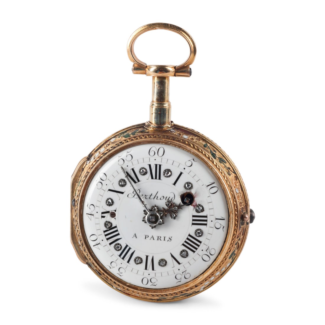 A French Gold, Enamel and Diamond Pocket Watch: A French Gold, Enamel and Diamond Pocket Watch Works Signed Berthoud, Paris, Early 20th Century Diameter of dial 1 1/8 inches. This lot is located in Chicago.