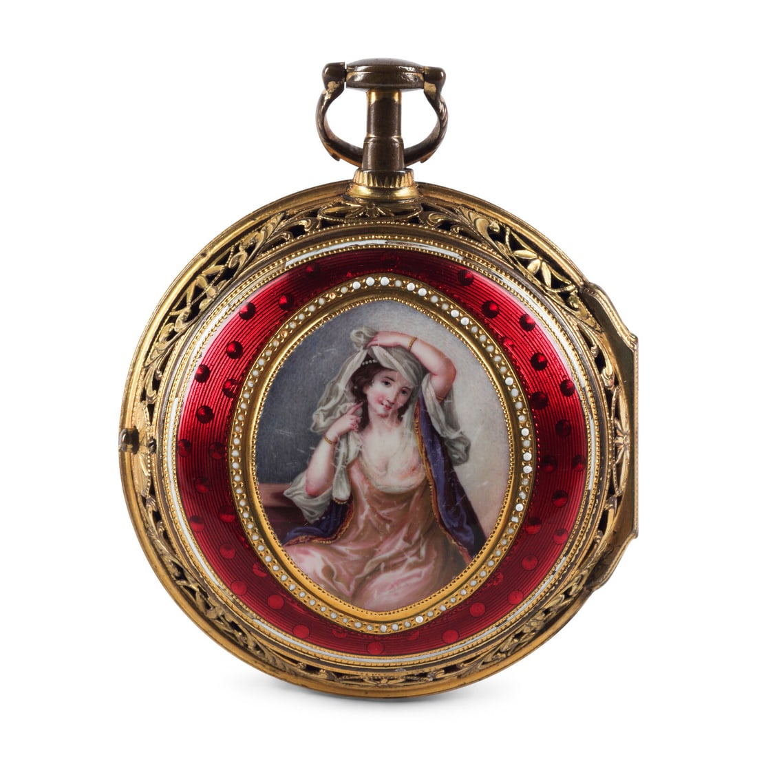 An Austrian Gilt-Bronze, Enamel, Hardstone and Pearl Cased Pocket Watch: An Austrian Gilt-Bronze, Enamel, Hardstone and Pearl Cased Pocket Watch Works Signed Led Lechner, Vienna, 19th Century the back of outer case with guilloche enamel surrounding an enameled plaque of a
