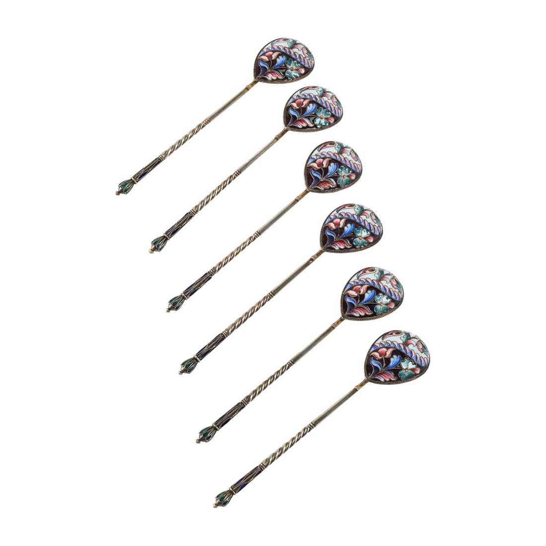 A Set of Six Russian Enameled Teaspoons: A Set of Six Russian Enameled Teaspoons Moscow, 20th Century marked with '84' standard on handle 4 ozt 5 dwt gross Length 5 3/8 inches. This lot is located in Chicago.