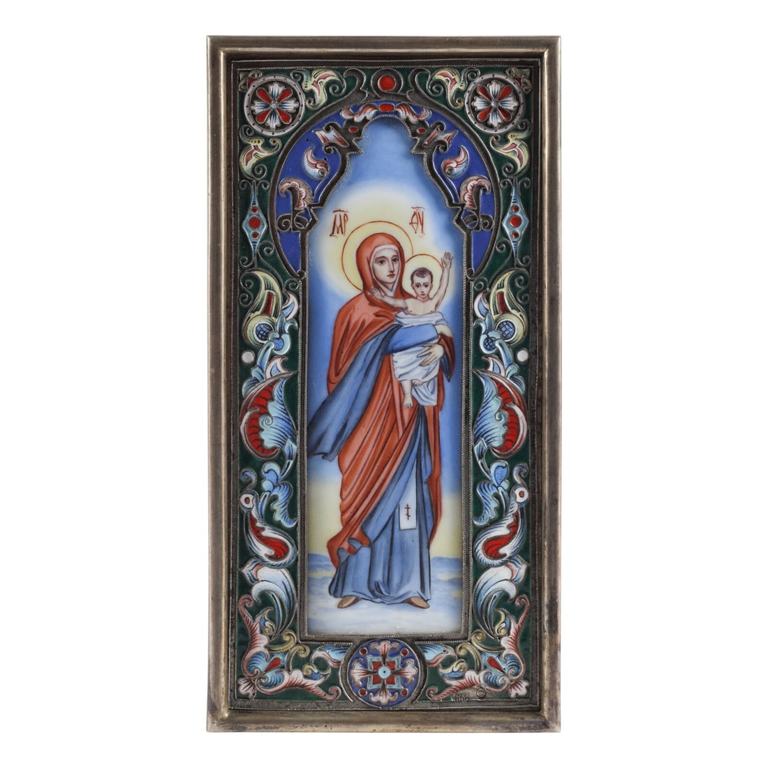 A Russian Silver and Enamel Figure of the Madonna and Child: A Russian Silver and Enamel Figure of the Madonna and Child Mark of Nicholai Motokov, 1861 marked with '84' standard throughout Height 5 1/2 inches. This lot is located in Chicago.