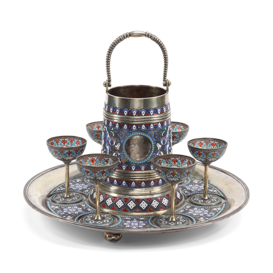 A Russian Silver, Enamel and Plique-à-Jour Enamel Punch Service: A Russian Silver, Enamel and Plique-à-Jour Enamel Punch Service Mark of Pavel Ovchinnikov with an Imperial Warrant, Moscow, Early 20th Century marked with '84' standard throughout 253 ozt 10 dwts