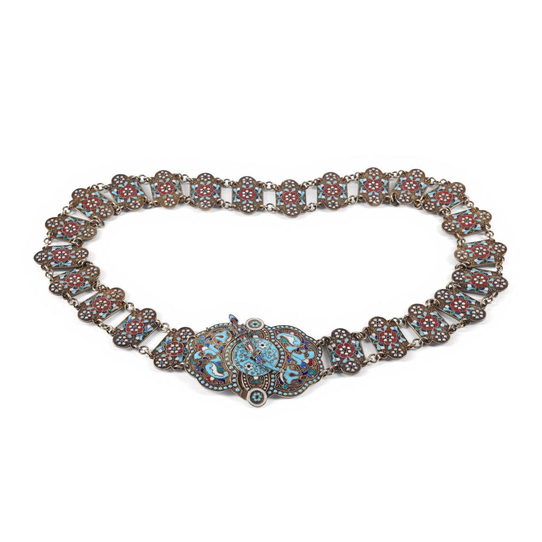 A Russian Silver and Enamel Belt: A Russian Silver and Enamel Belt Mark of Ivan Tarabov, Moscow, Early 20th Century marked with '84' standard on buckle 9 ozt 18 dwt gross Length 32 1/4 inches. This lot is located in Chicago.