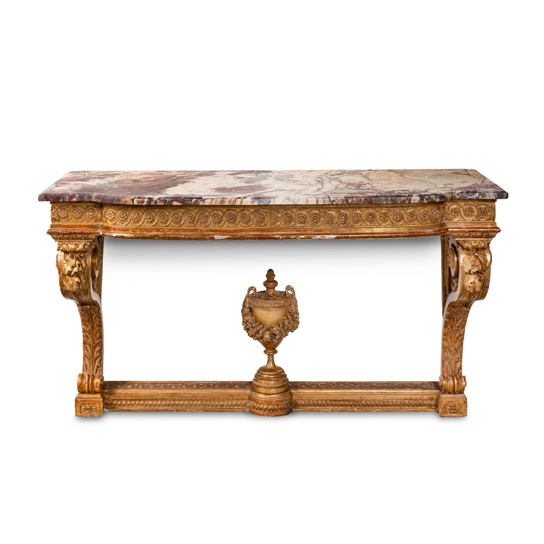 A Louis XVI Giltwood Marble-Top Console Table: A Louis XVI Giltwood Marble-Top Console Table Late 18th Century Height 34 1/2 x width 59 x depth 22 1/2 inches. Property from the Shaheen Collection, a Northwest Georgia residence designed by James C.