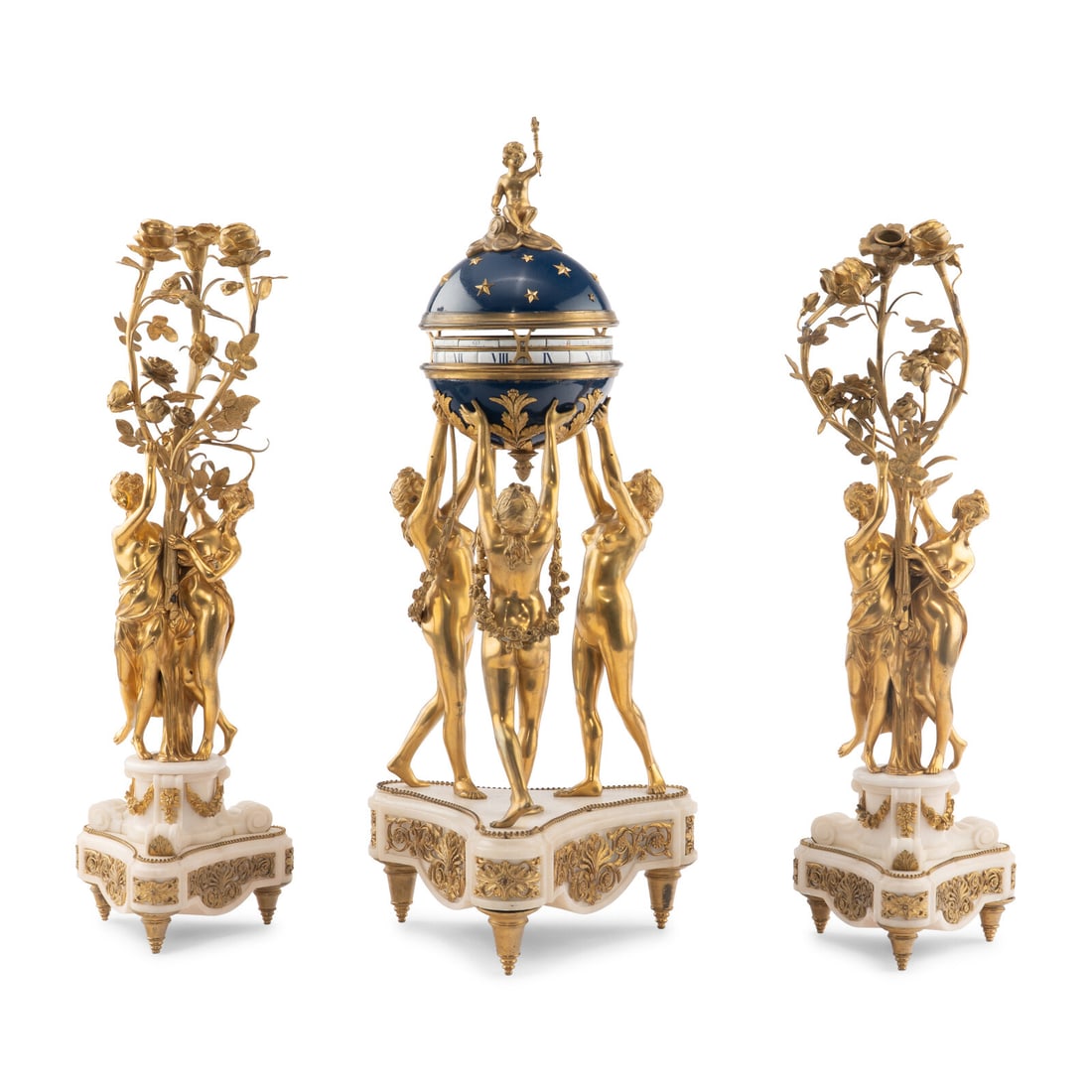 A Louis XVI Style Gilt-Bronze and White Marble Annular Clock Garniture (1 of 6)
