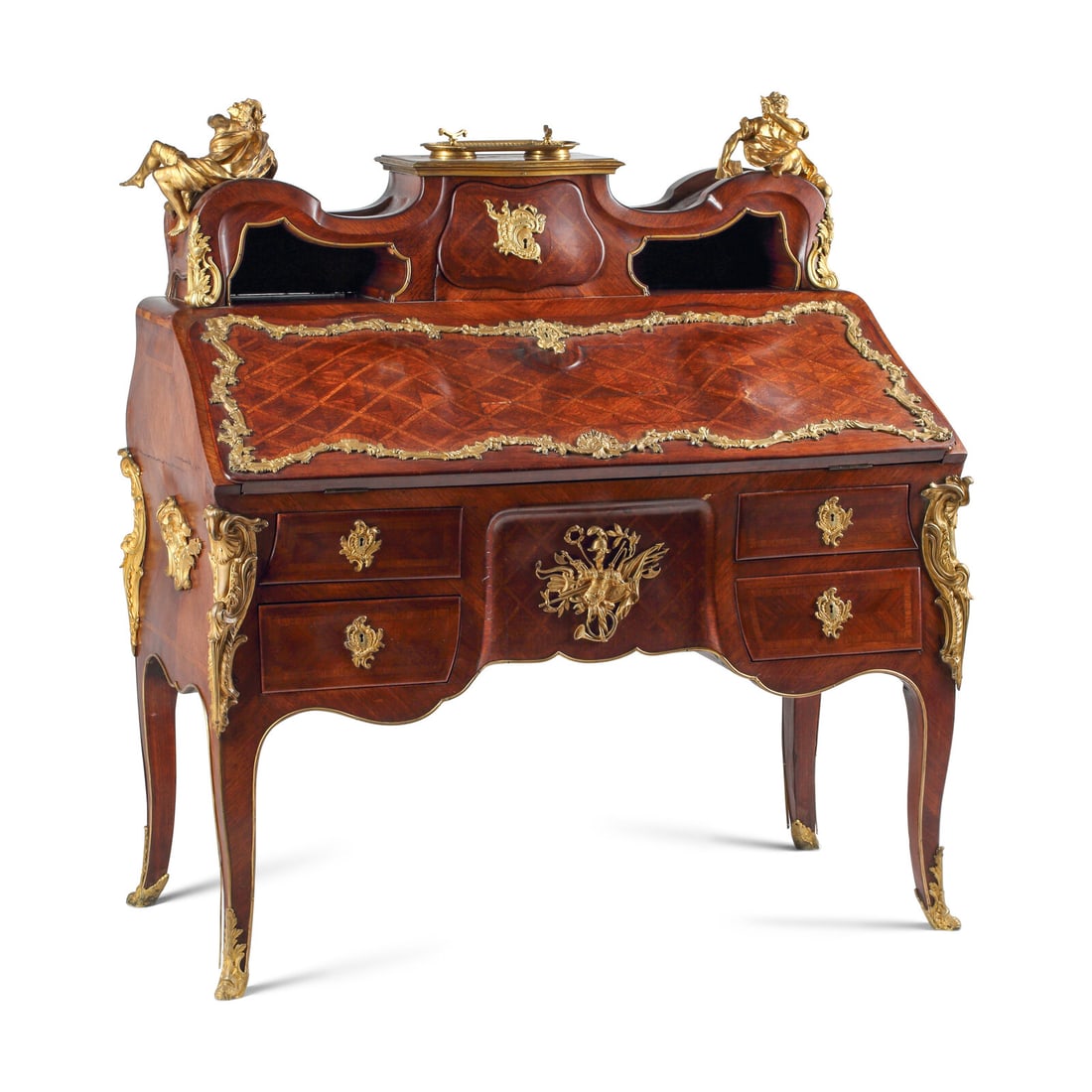 A Louis XV Style Parquetry and Gilt Bronze Mounted Slant-Front Bureau: A Louis XV Style Parquetry and Gilt Bronze Mounted Slant-Front Bureau 20th Century Height 50 x width 46 x depth 23 inches. This lot is located in Chicago.