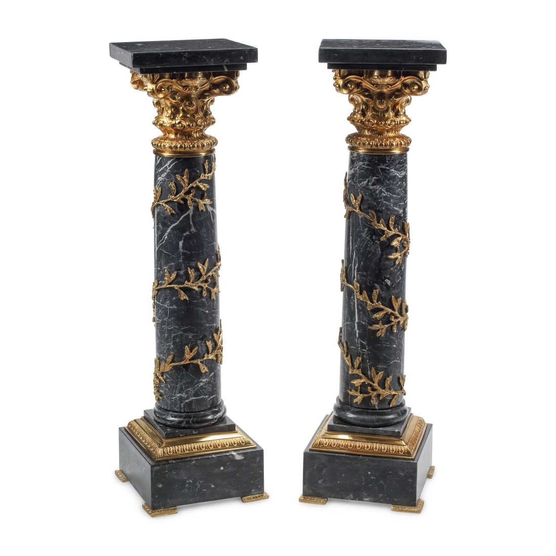 A Pair of Louis XV Style Gilt Bronze Mounted Marble Pedestals: A Pair of Louis XV Style Gilt Bronze Mounted Marble Pedestals 20th Century Height 45 1/2 x width 12 x depth 12 inches. This lot is located in Chicago.