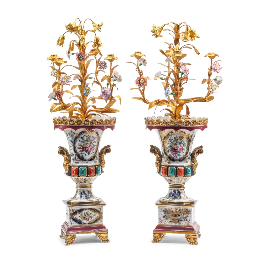 A Pair of Porcelain and Gilt Metal Four-Light Candelabra: A Pair of Porcelain and Gilt Metal Four-Light Candelabra 20th Century Height 35 x diameter 15 inches. This lot is located in Chicago.