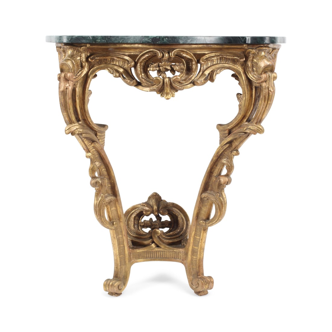 A Louis XV Carved Giltwood Marble-Top Console Table: A Louis XV Carved Giltwood Marble-Top Console Table 18th Century Height 31 1/2 x width 24 x depth 15 inches. This lot is located in Chicago.