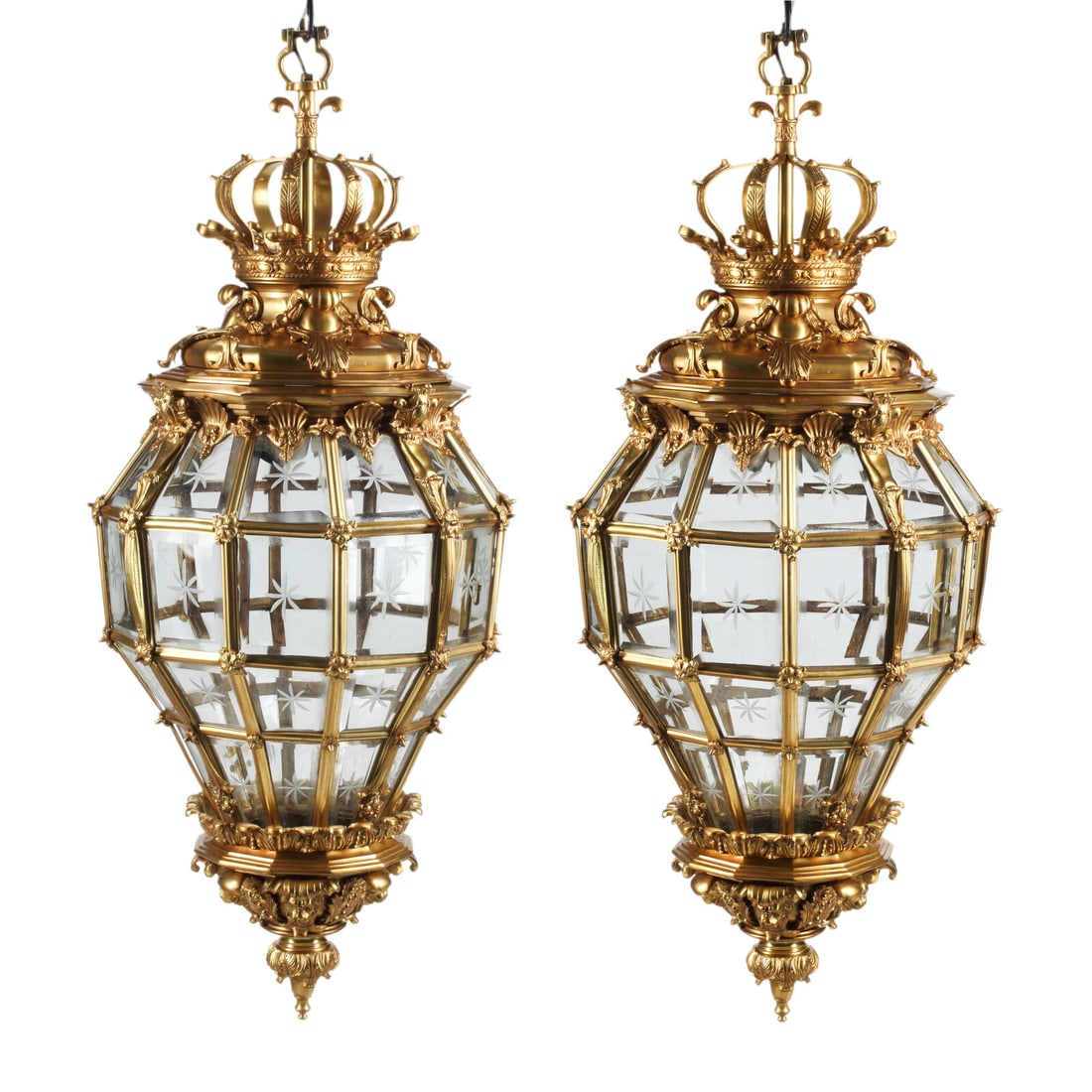 A Pair of Louis XVI Style Gilt Bronze and Etched Glass Hall Lanterns: A Pair of Louis XVI Style Gilt Bronze and Etched Glass Hall Lanterns 20th Century Height 47 x diameter 18 inches. This lot is located in Chicago.