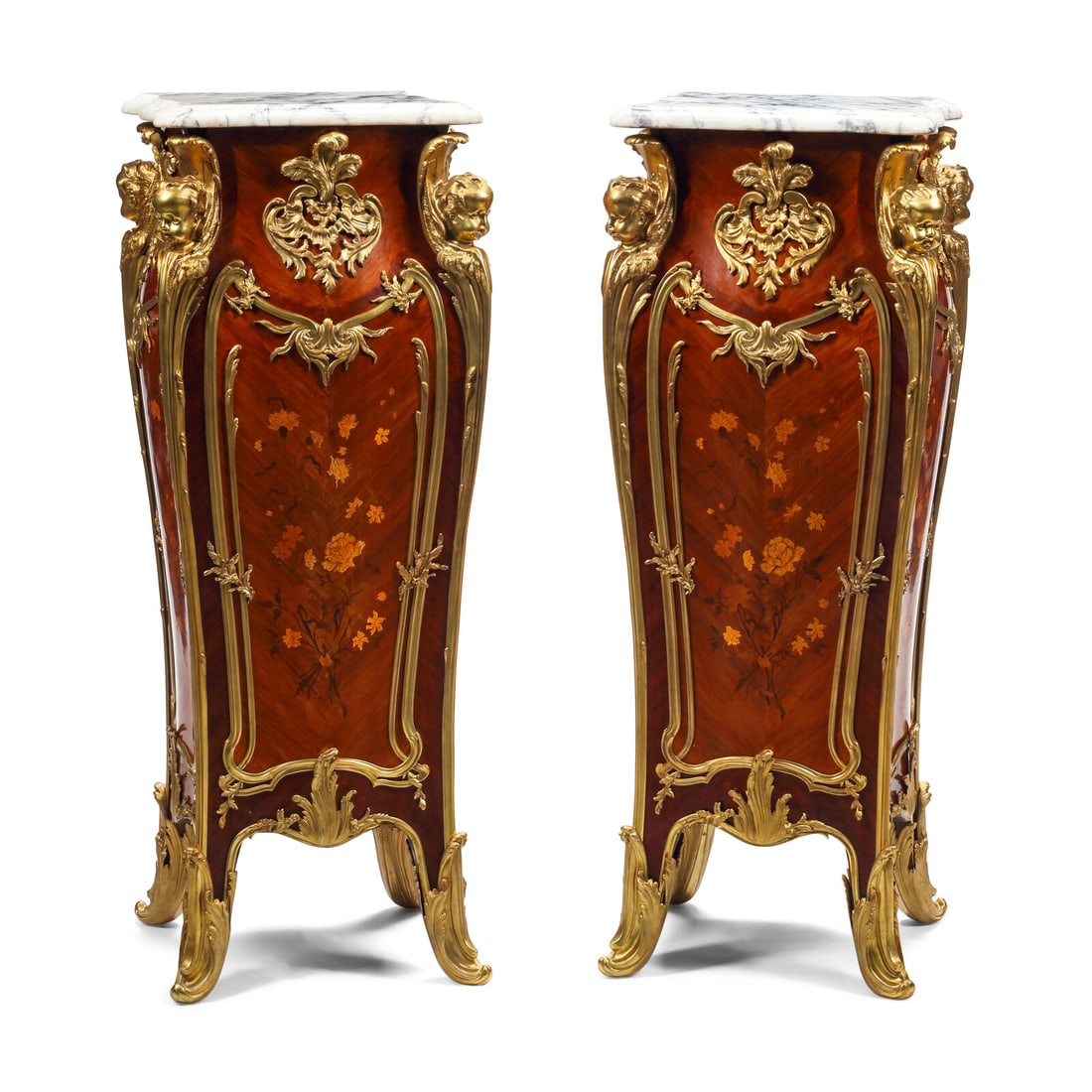 A Pair of Louis XV Style Gilt Bronze Mounted Marquetry Marble-Top Pedestals (1 of 3)