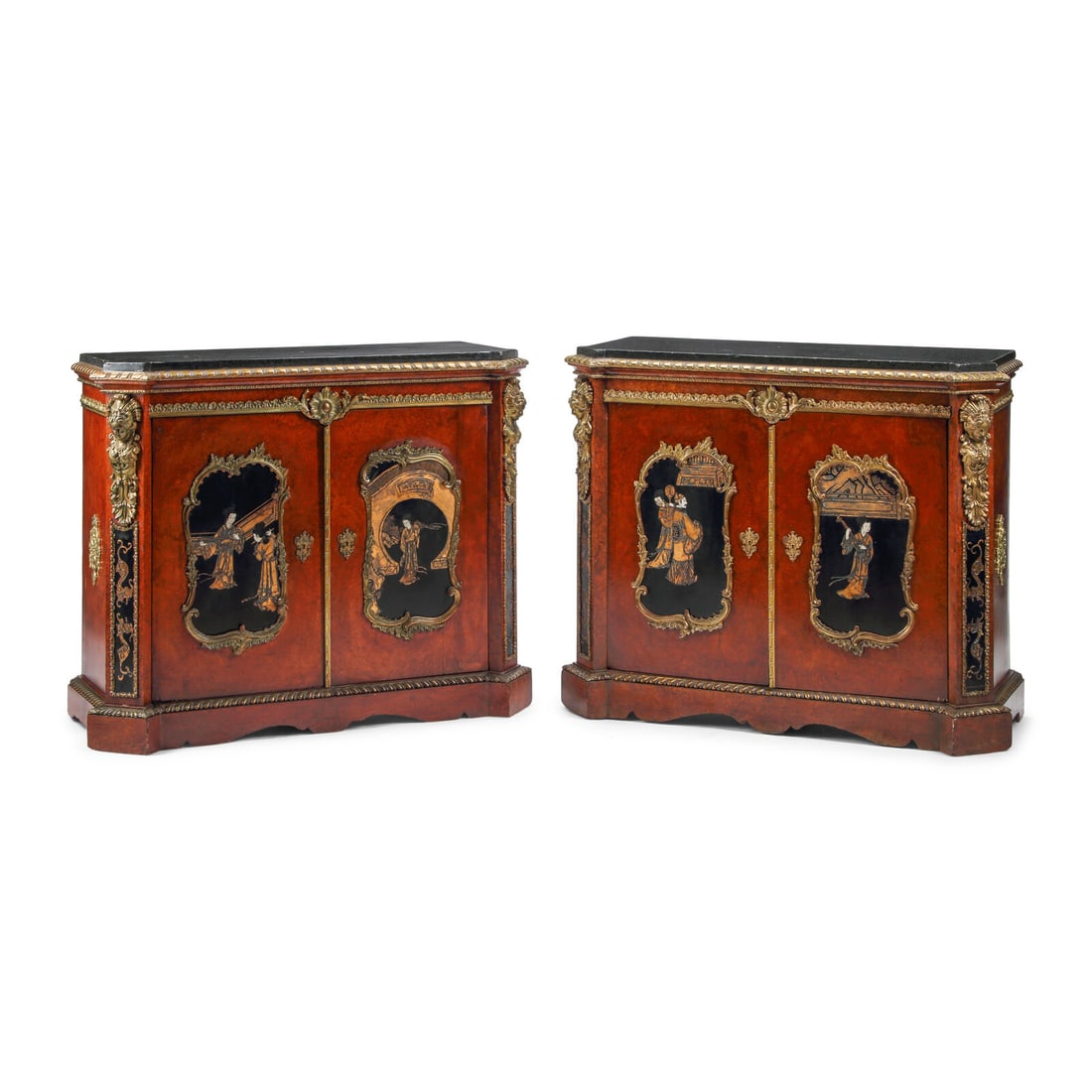 A Pair of Louis XV Style Burl Walnut Lacquer-Inset and Gilt Bronze Mounted Cabinets (1 of 3)