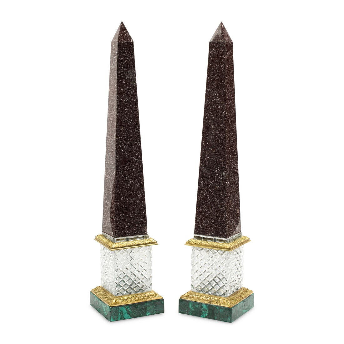 A Pair of Malachite, Cut Glass, Marble and Gilt Bronze Mounted Obelisks: A Pair of Malachite, Cut Glass, Marble and Gilt Bronze Mounted Obelisks 20th Century Height 32 1/2 x width 6 1/2 x depth 6 1/2 inches. This lot is located in Chicago.