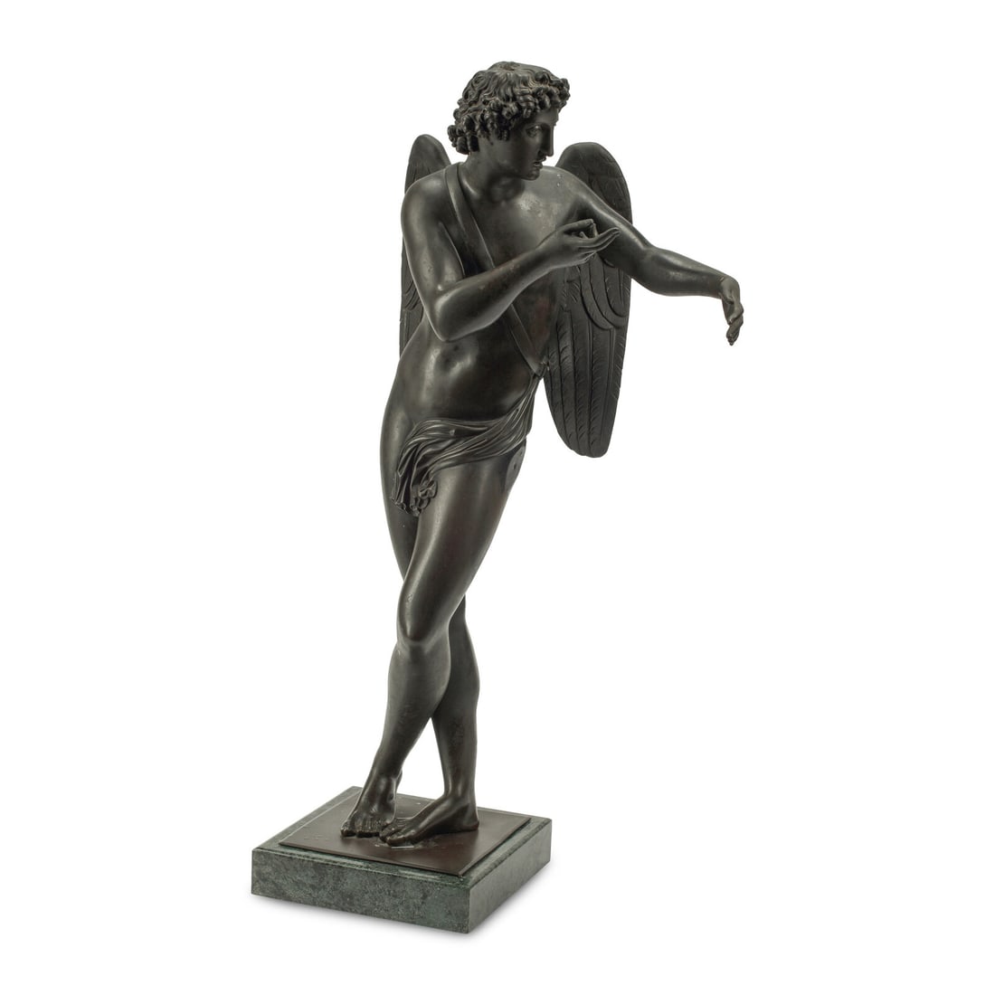 A French Patinated Bronze Figure of Cupid: A French Patinated Bronze Figure of Cupid 19th Century set on a green marble base. Height 28 x width 13 x depth 9 inches. This lot is located in Chicago.