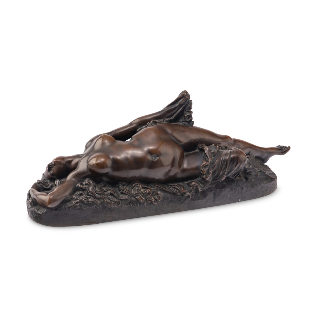 Jean Baptiste August Clesinger (French, 1814-1883) Woman Bitten by a Serpent: Jean Baptiste August Clesinger (French, 1814-1883) Woman Bitten by a Serpent bronze signed CLESINGER and marked F. BARBEDIENNE FONDEUR to base Height 8 x width 22 x depth 8 inches. This lot is