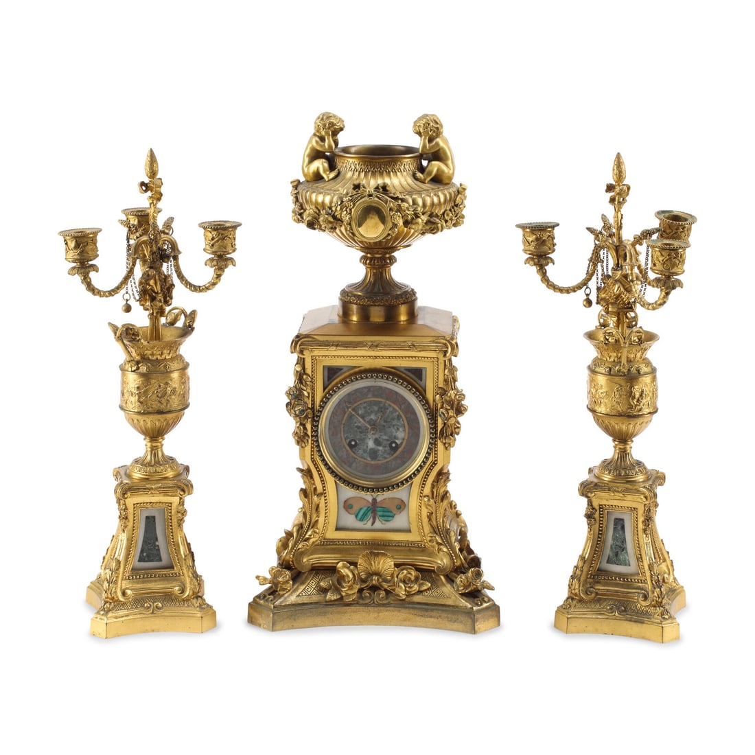 A French Gilt Bronze and Specimen Marble Three-Piece Clock Garniture (1 of 3)