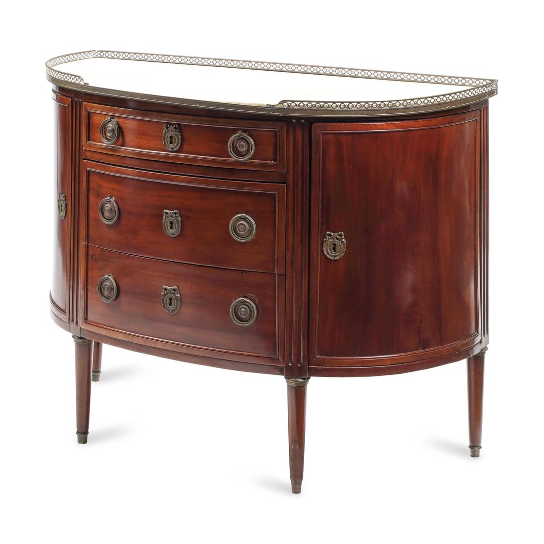 A Louis XVI Style Mahogany Demilune Marble-Top Cabinet: A Louis XVI Style Mahogany Demilune Marble-Top Cabinet 19th Century Height 33 1/2 x width 43 1/2 x depth 19 1/2 inches. This lot is located in Chicago.
