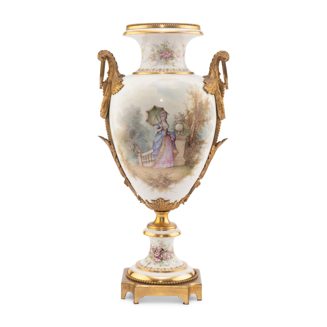 A Sèvres Style Gilt Bronze Mounted Porcelain Urn: A Sèvres Style Gilt Bronze Mounted Porcelain Urn Circa 1860 the scene signed 'A Maglia' to the lower center, the underside of the base bearing spurious Sèvres marks. Height 22 x width over h