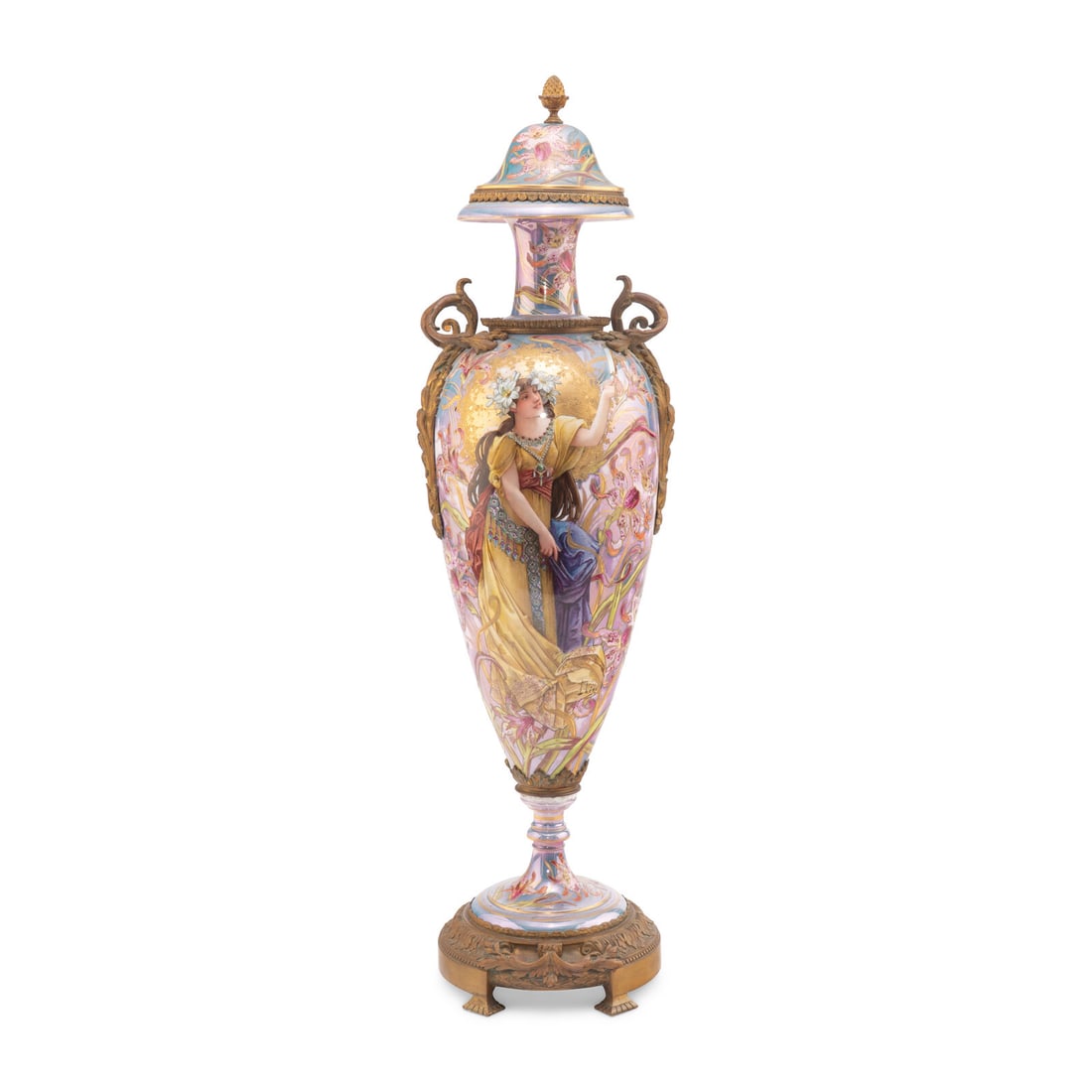 A Sèvres Style Gilt Bronze Mounted Porcelain Urn: A Sèvres Style Gilt Bronze Mounted Porcelain Urn Early 20th Century signed 'L. Heri' to body; bearing spurious interlaced L's enclosing letter 'S' mark in underglaze blue and Château de Tuil