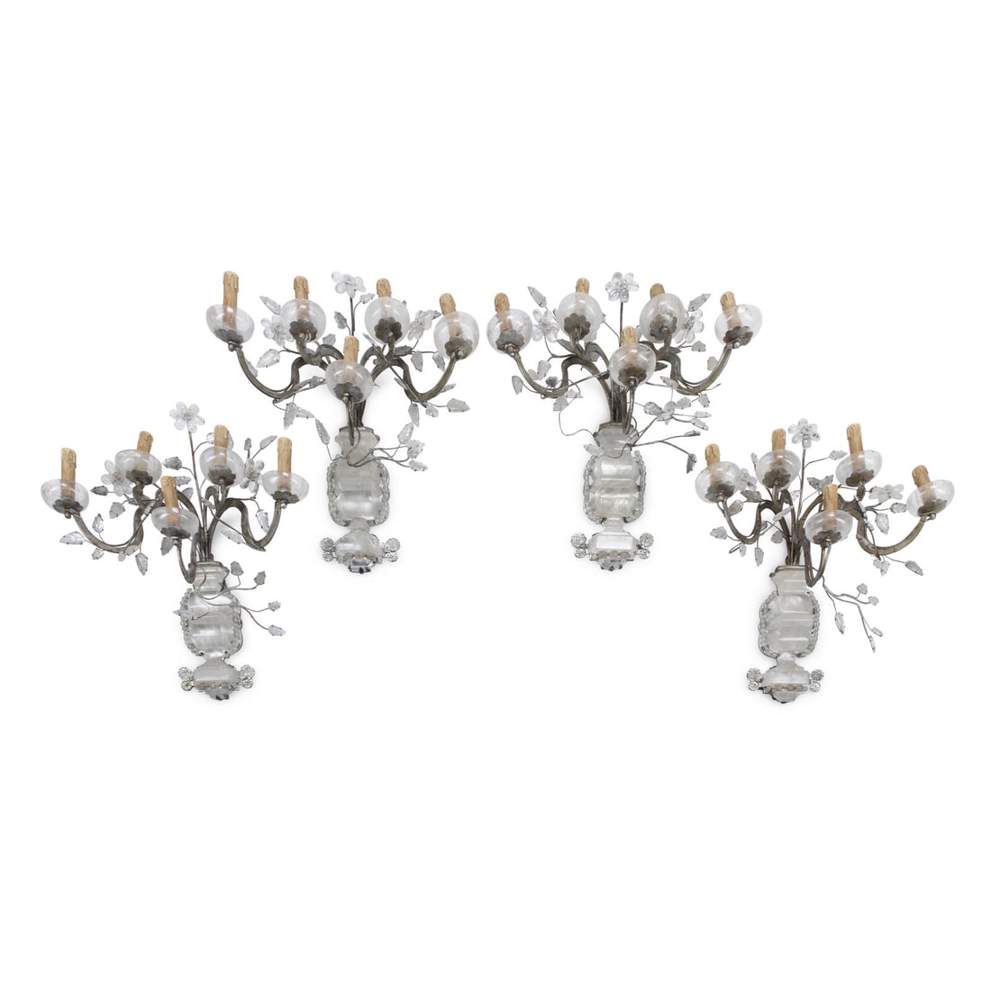 A Set of Four Silvered Metal and Rock Crystal Sconces: A Set of Four Silvered Metal and Rock Crystal Sconces Style of Maison Baguès, 20th Century Height 26 x width 21 x depth 10 inches. This lot is located in Chicago.