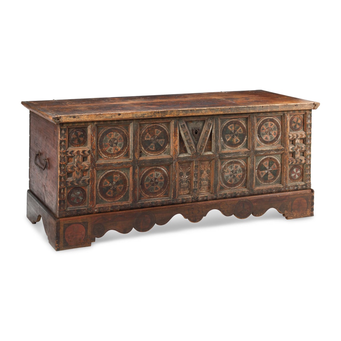 A Continental Polychrome Decorated Cassone: A Continental Polychrome Decorated Cassone 17th Century Height 23 x width 68 1/2 x depth 28 inches. This lot is located in Chicago.