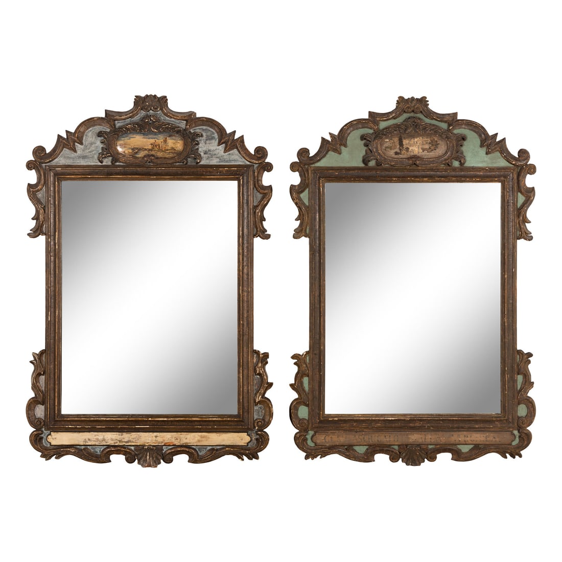 A Pair of Italian Painted and Parcel-Gilt Mirrors: A Pair of Italian Painted and Parcel-Gilt Mirrors 18th Century Height 71 x width 47 1/2 inches. 67 x 47 inches. Property from the Collection of the Werner Family This lot is located in Chicago.