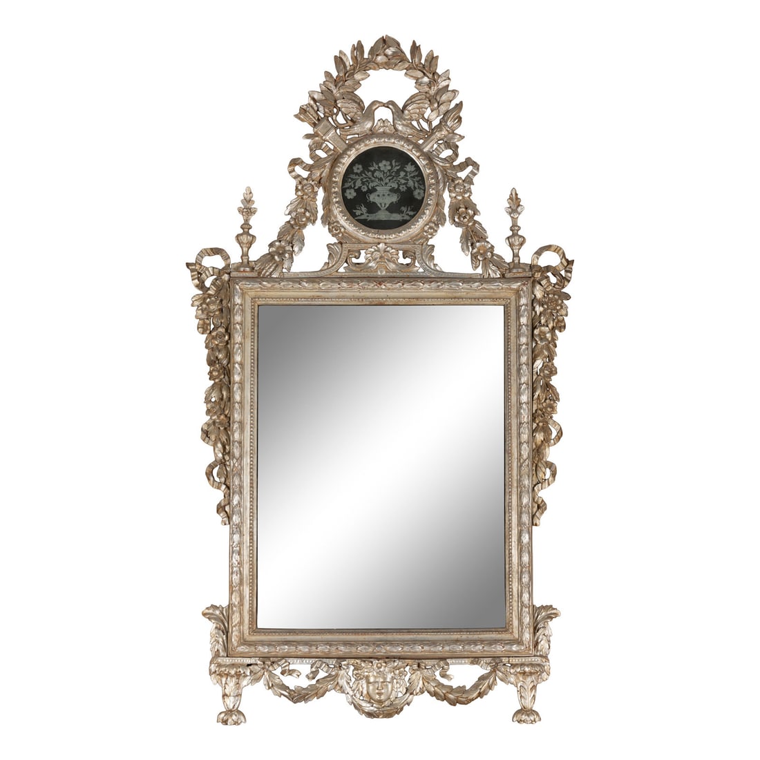 An Italian Silvered Wood and Etched Glass Mirror: An Italian Silvered Wood and Etched Glass Mirror Mid-19th Century Height 72 x width 40 inches. Property from the Collection of the Werner Family This lot is located in Chicago.