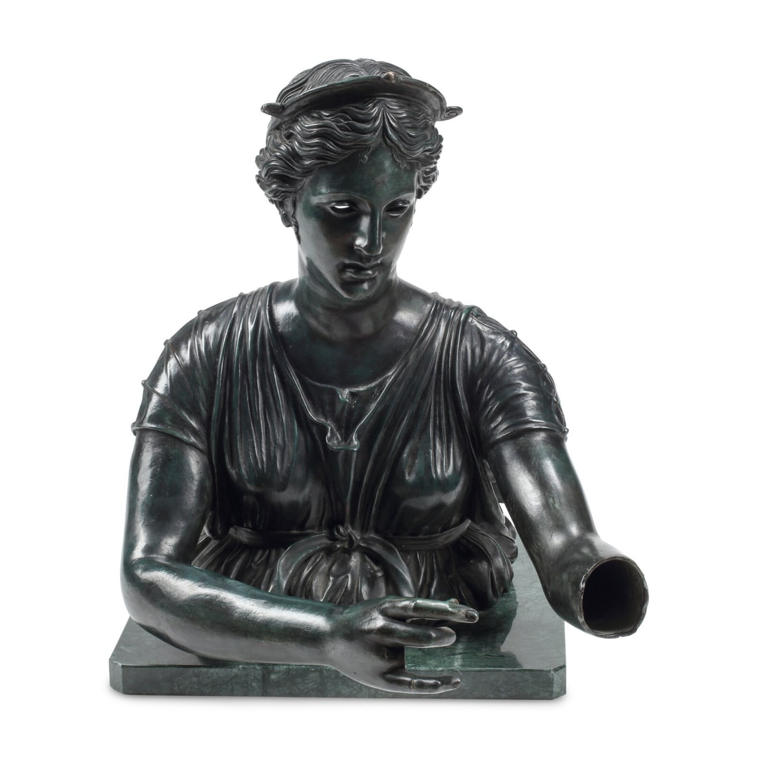 A Patinated Bronze Figure of Diana: A Patinated Bronze Figure of Diana After the Antique, 20th Century Height 21 x width 17 x depth 21 inches. This lot is located in Chicago.