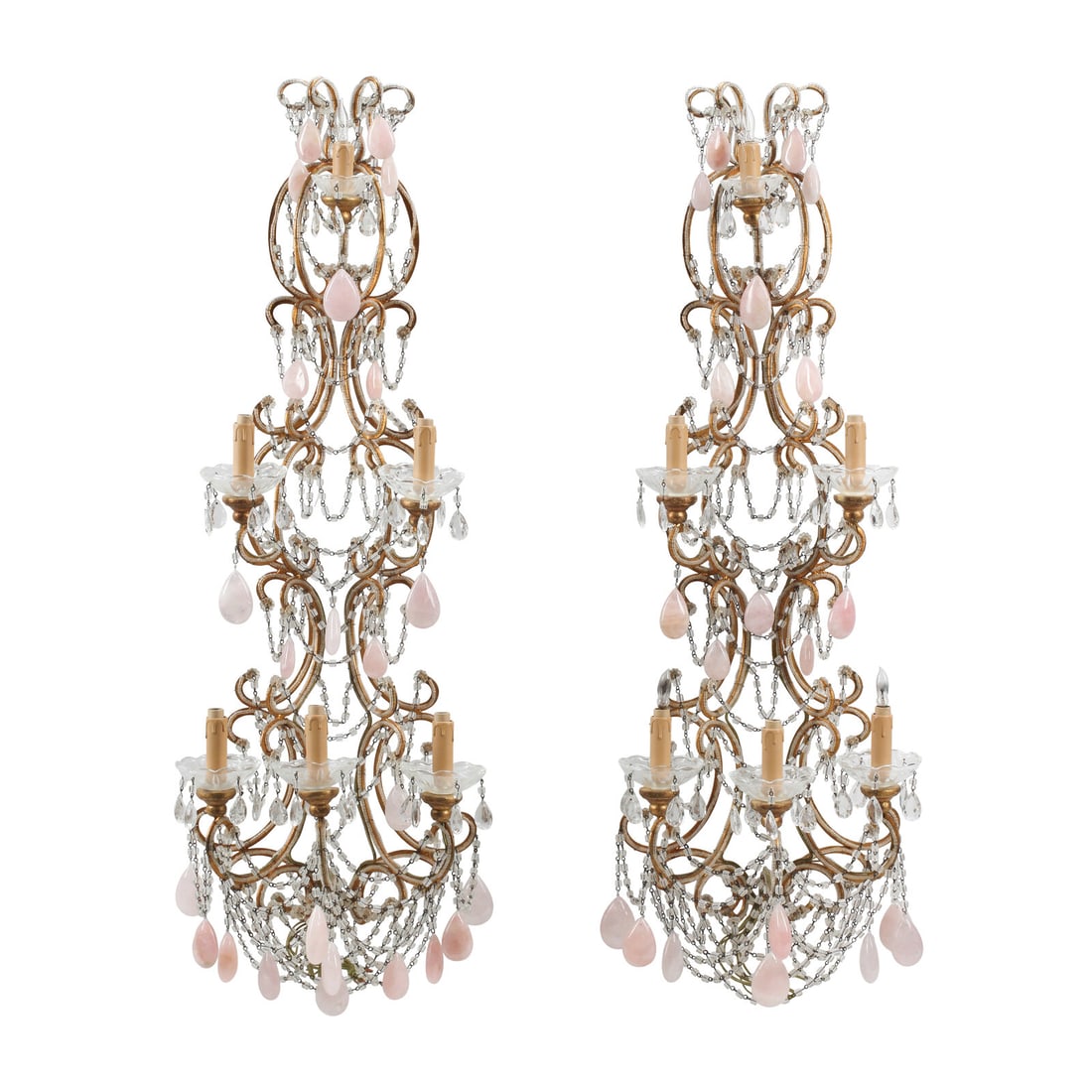 A Pair of Large Italian Neoclassical Style Cut Glass and Rose Quartz Six-Light Sconces: A Pair of Large Italian Neoclassical Style Cut Glass and Rose Quartz Six-Light Sconces 20th Century electrified. Height 45 x width 16 x depth 11 inches. This lot is located in Chicago.