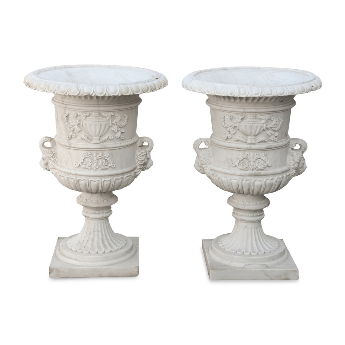 A Pair of Italian Neoclassical Style Marble Urns: A Pair of Italian Neoclassical Style Marble Urns 20th Century Height 31 x diameter 22 inches. This lot is located in Chicago.