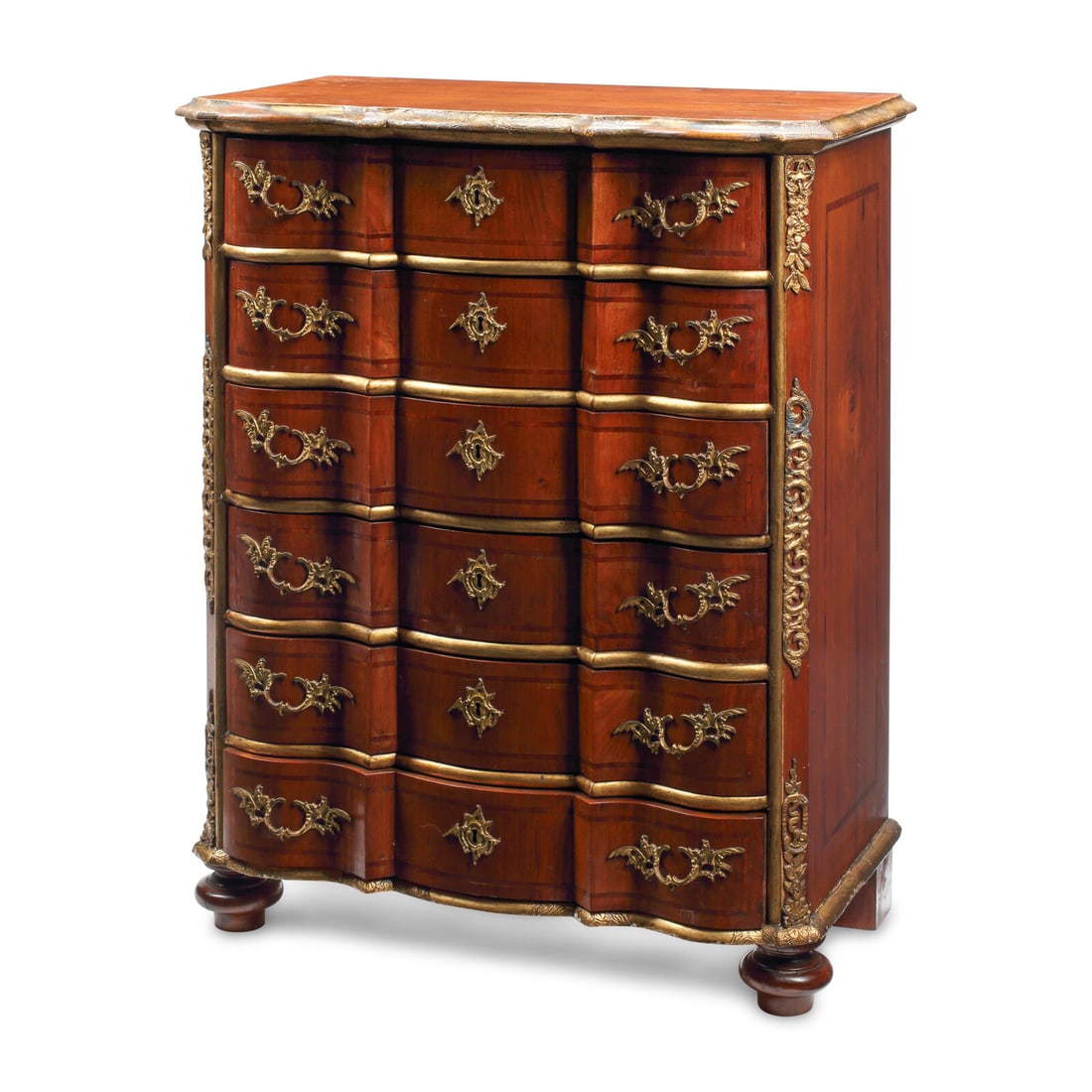 An Italian Parcel-Gilt Fruitwood Tall Chest of Drawers: An Italian Parcel-Gilt Fruitwood Tall Chest of Drawers 19th Century Height 42 1/2 x width 33 1/2 x depth 18 1/2 inches. This lot is located in Chicago.
