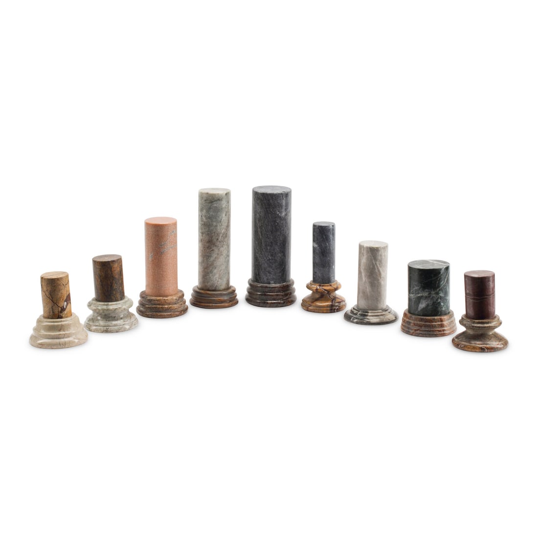 A Group of Italian Grand Tour Style Miniature Columns: A Group of Italian Grand Tour Style Miniature Columns 20th Century Height of tallest column 9 inches. This lot is located in Chicago.