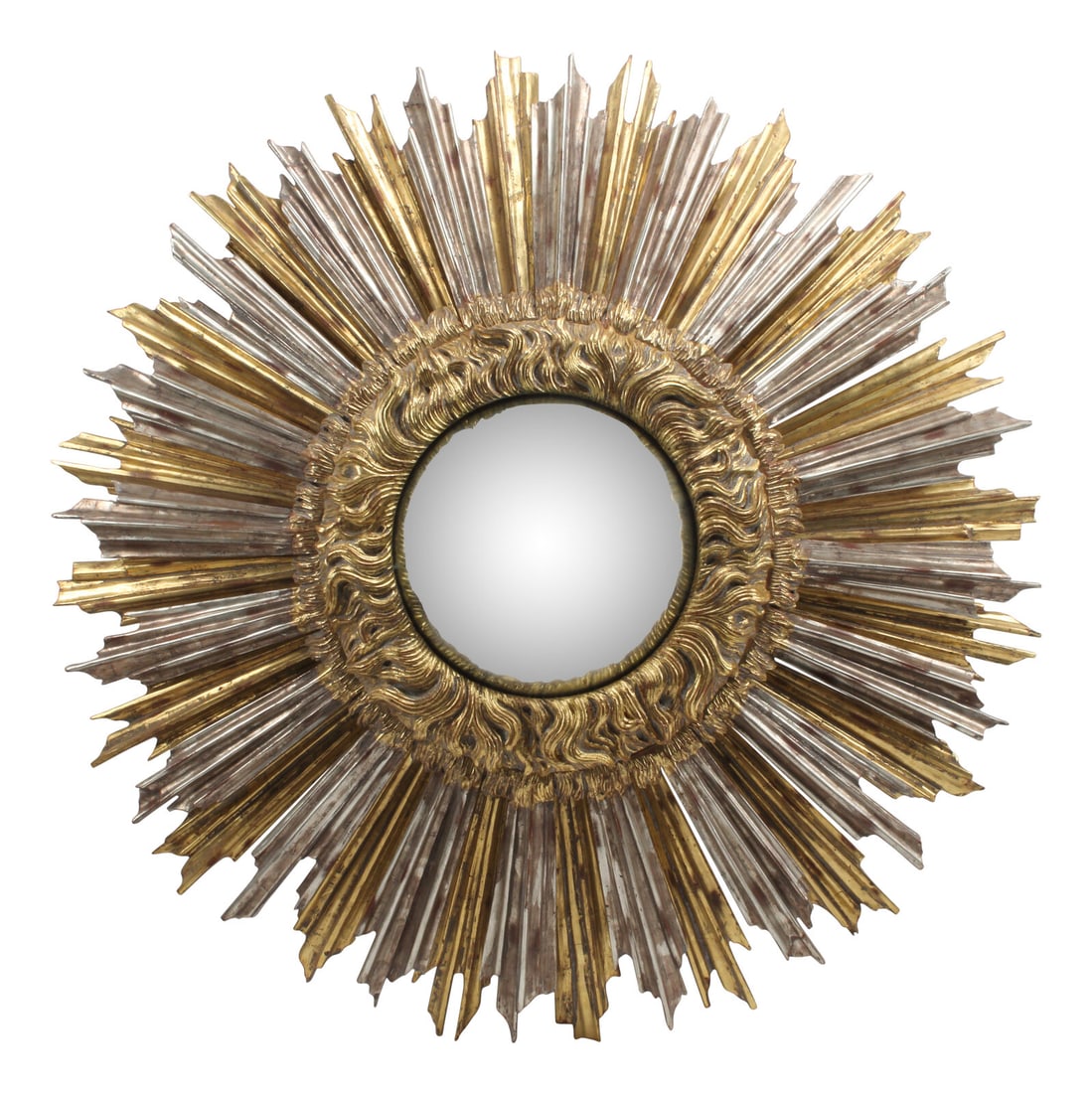An Oversized Silvered and Giltwood Sunburst Mirror: An Oversized Silvered and Giltwood Sunburst Mirror 20th Century Diameter 66 inches. This lot is located in Chicago.